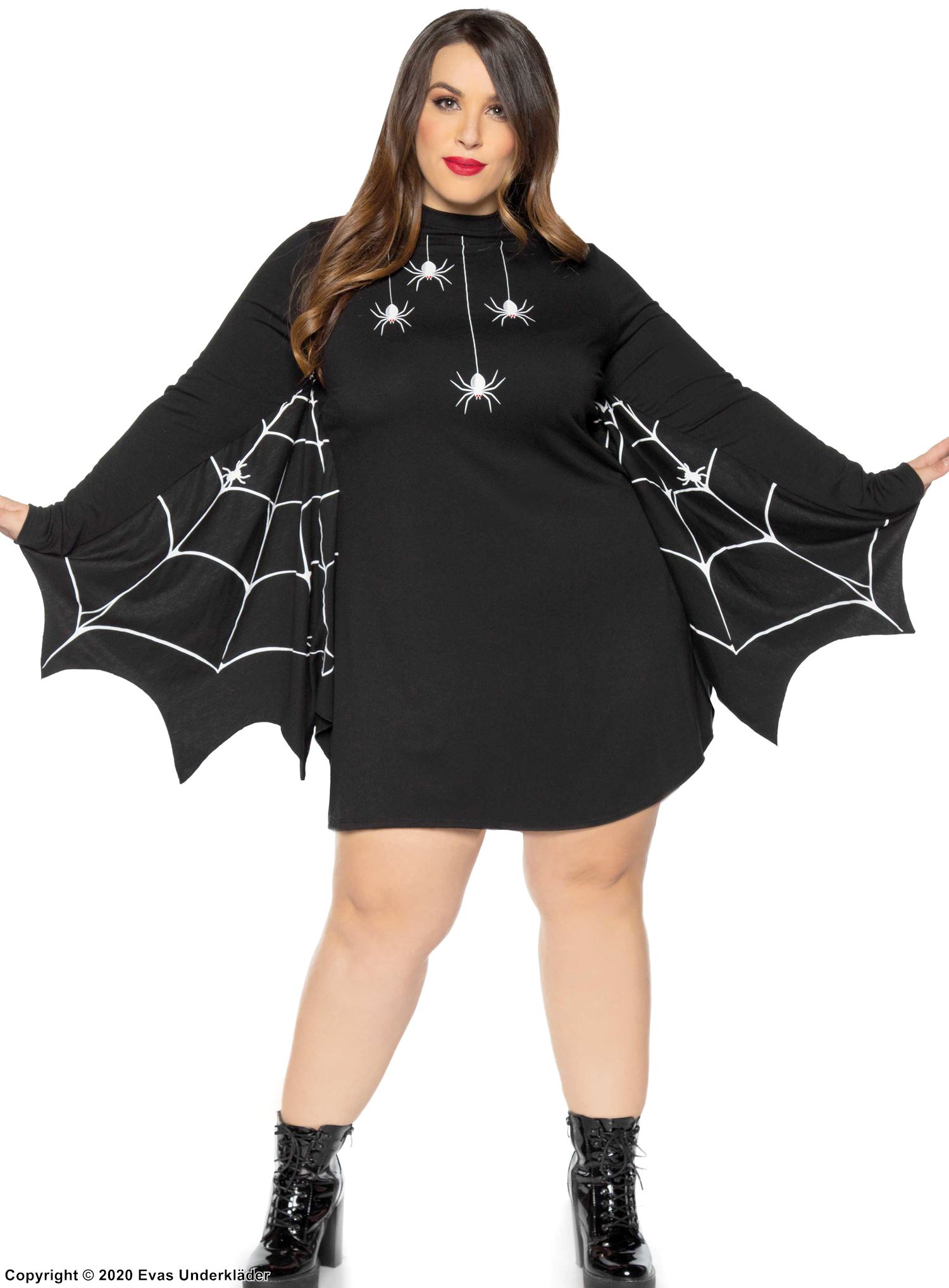 Halloween, maskeradklänning med spindelnät och långa ärmar, plus size
